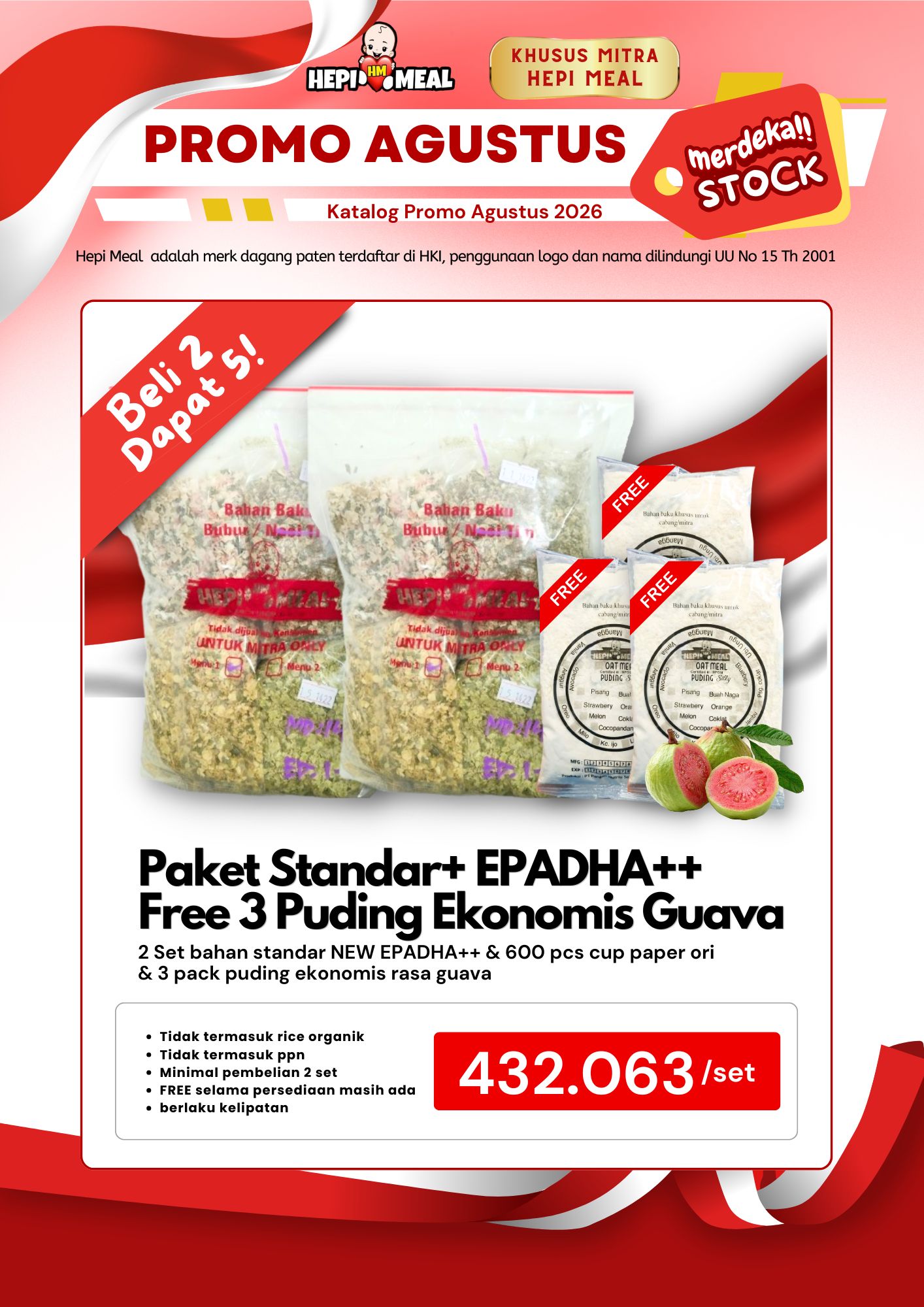 Beli 2 DAPAT 5! 2 Paket Standar+ EPADHA++ Free Puding Ekonomis Guava Agustus 2026