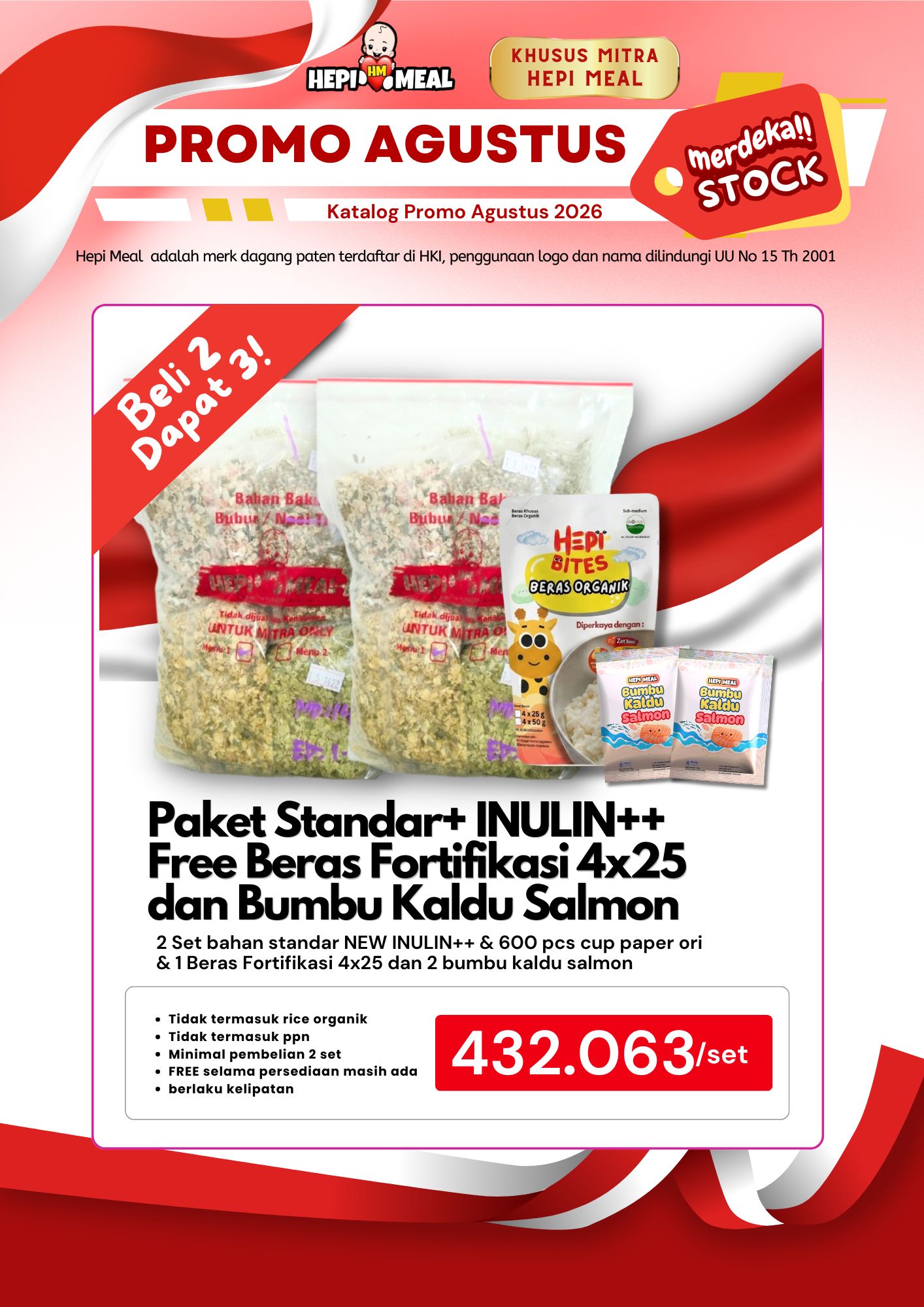 Beli 2 Dapat 3! 2 Set Paket Standar+ INULIN++ Free Beras Fortifikasi dan Bumbu Kaldu Salmon Agustus 2026