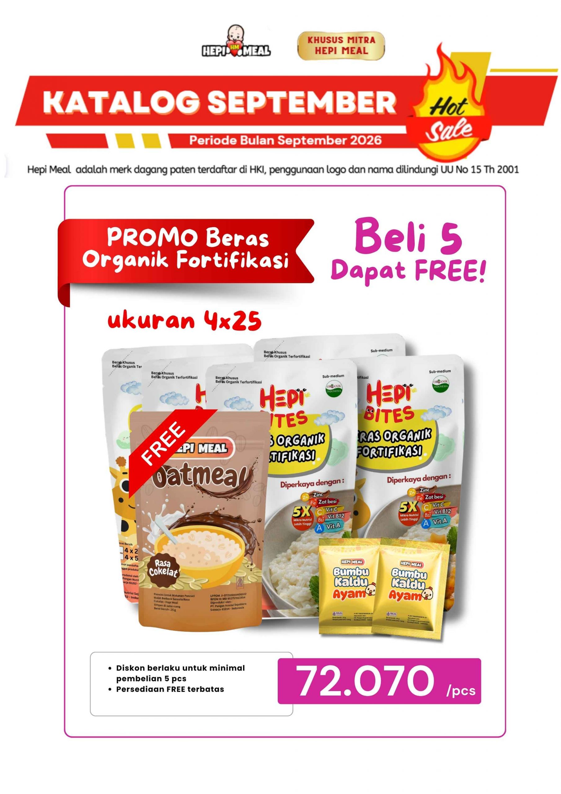 Promo Beli 5 Beras Organik Fortifikasi 4×25 Free 1 Bumbu Kaldu Ayam dan 1 Oatmeal Cokelat 25 gr